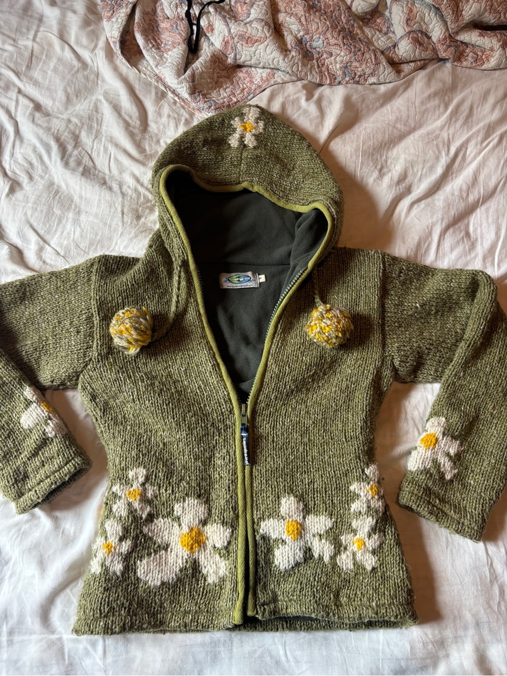 LaundroMat Boho Green Floral Knit Hooded Jacket Fairy Grunge